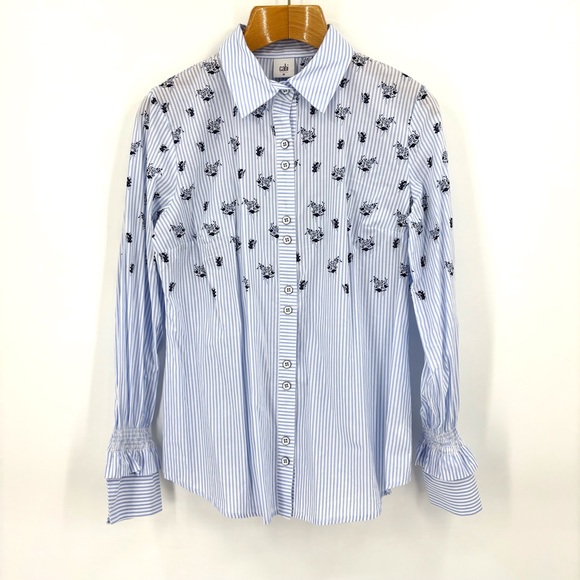 Cabi Whitney Shirt # 5368, Blue and White Striped and Floral Print, Medium - Picture 13 of 17